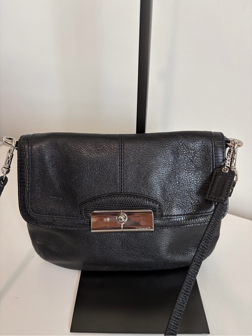 Coach Black Leather Crossbody with Silver Turnlock Detail